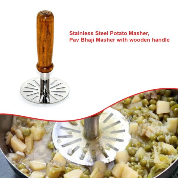 JEM Stainless Steel Potato Masher – Pav Bhaji Masher with Wooden Handle - Image 3