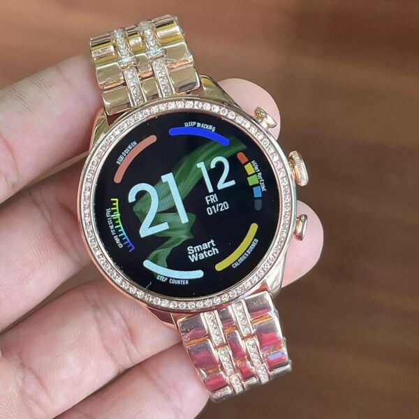 JEM Gen 9 BT Calling Smartwatch with Rose Gold & Diamond Strap – HD Display, Always-On, Wireless Charging