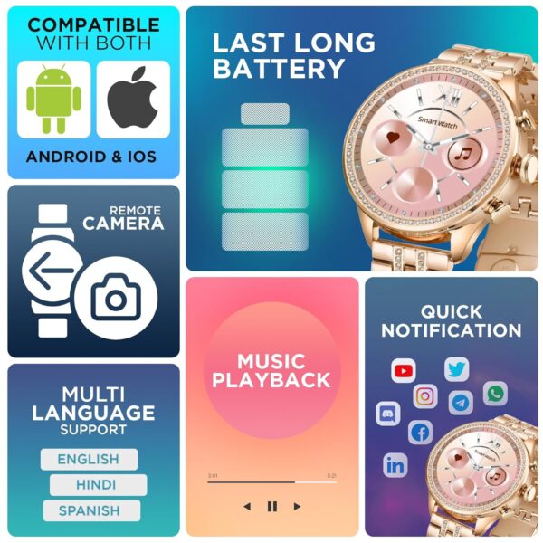 JEM Gen 9 BT Calling Smartwatch with Rose Gold & Diamond Strap – HD Display, Always-On, Wireless Charging - Image 2